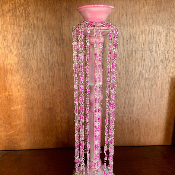 Wedding Candle Stick Holder Bohemian Style With Pink Glass Beads - Picture 2 of 10